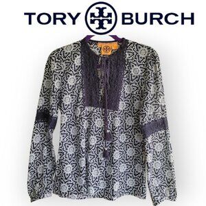 Tory Burch cotton geometric print l/s tie-neck blouse in Navy | in size 8 |